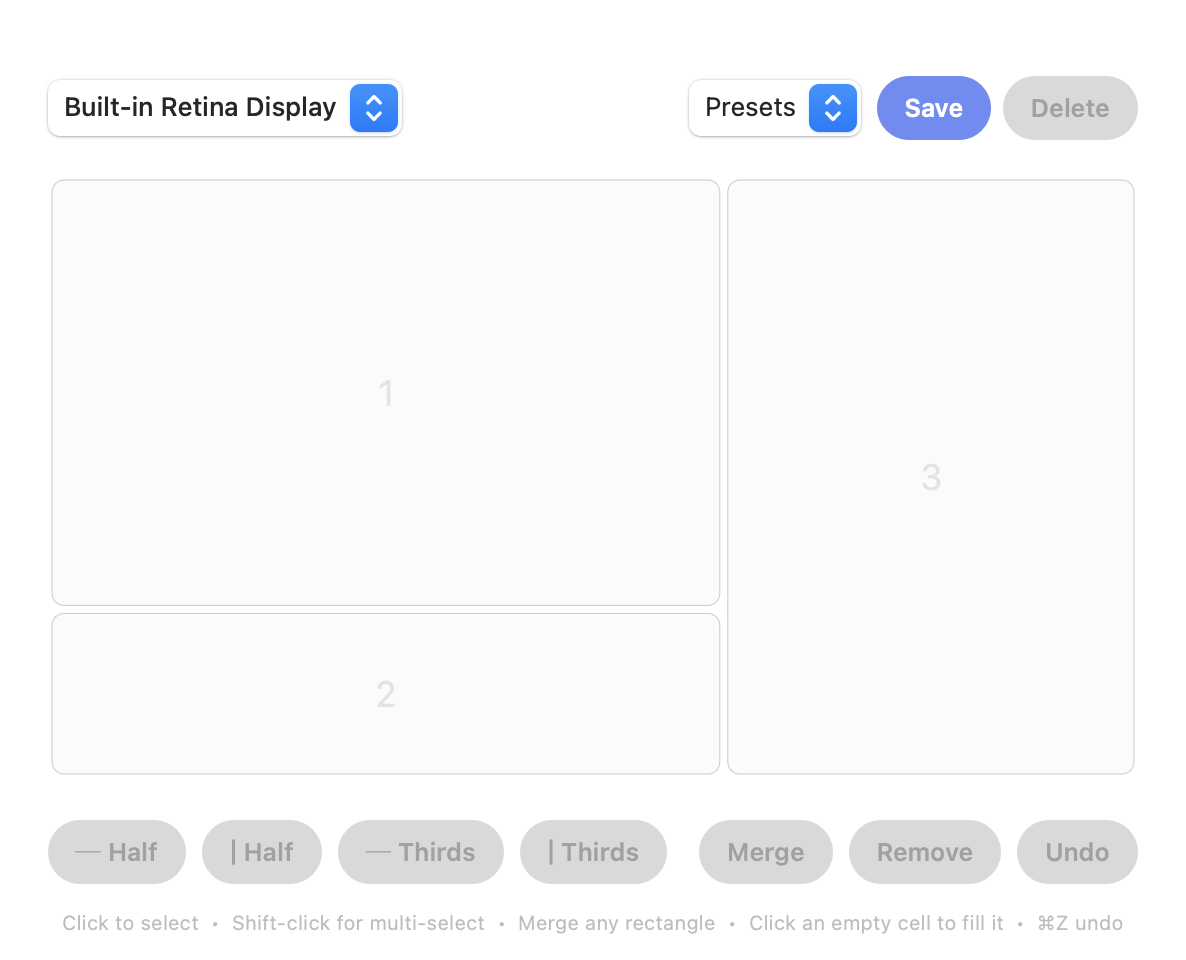 Screen Divider layout editor showing a grid of zones with Half, Thirds, Merge and Undo buttons