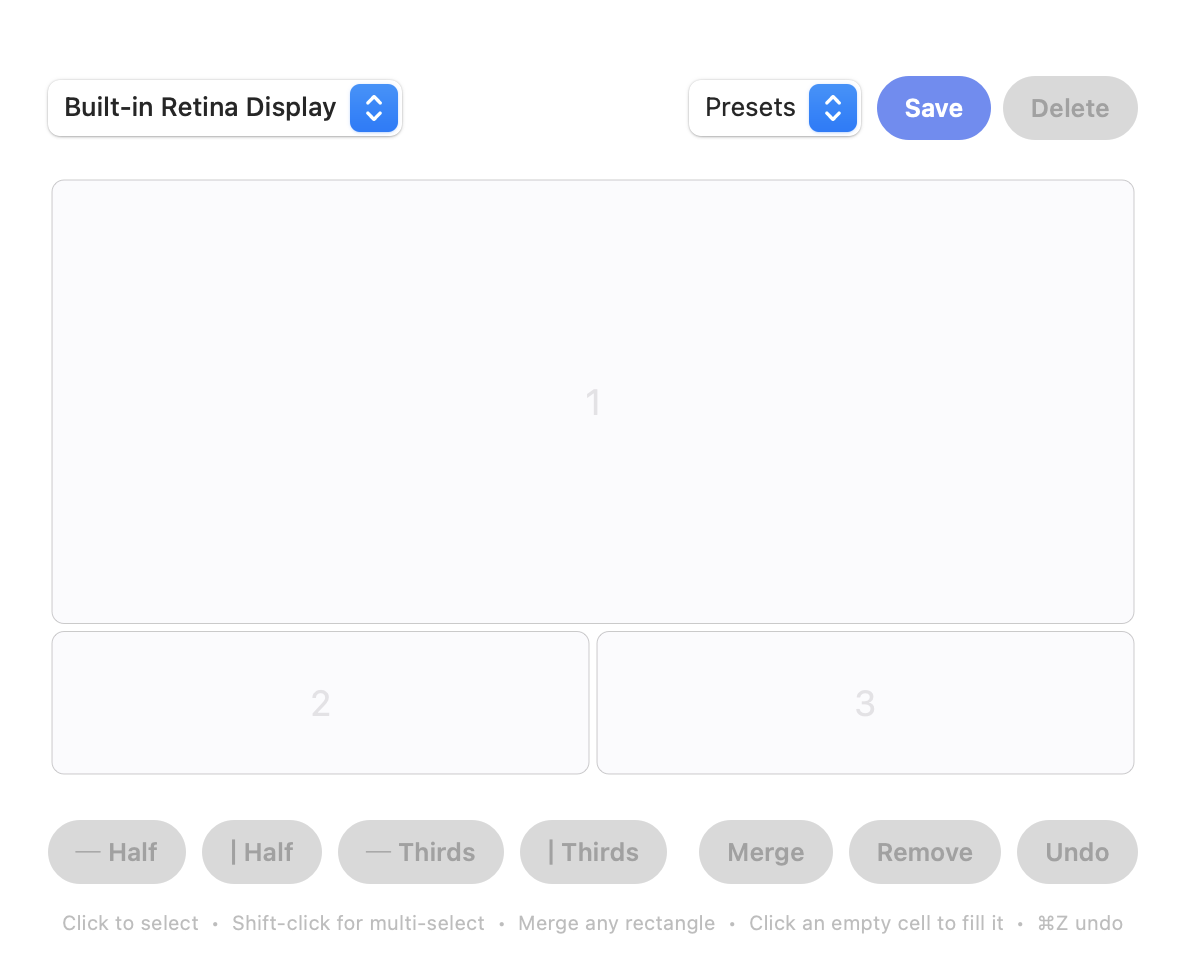 Screen Divider layout editor with one large merged zone on top and two zones below, plus Half, Thirds and Merge buttons